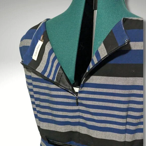 Calvin Klein Cap Sleeve Striped Belted Sheath Dress sz 12 - Picture 4 of 7